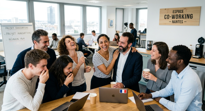 collaborateurs qui rit ensemble,  autour d'un bureau de travail